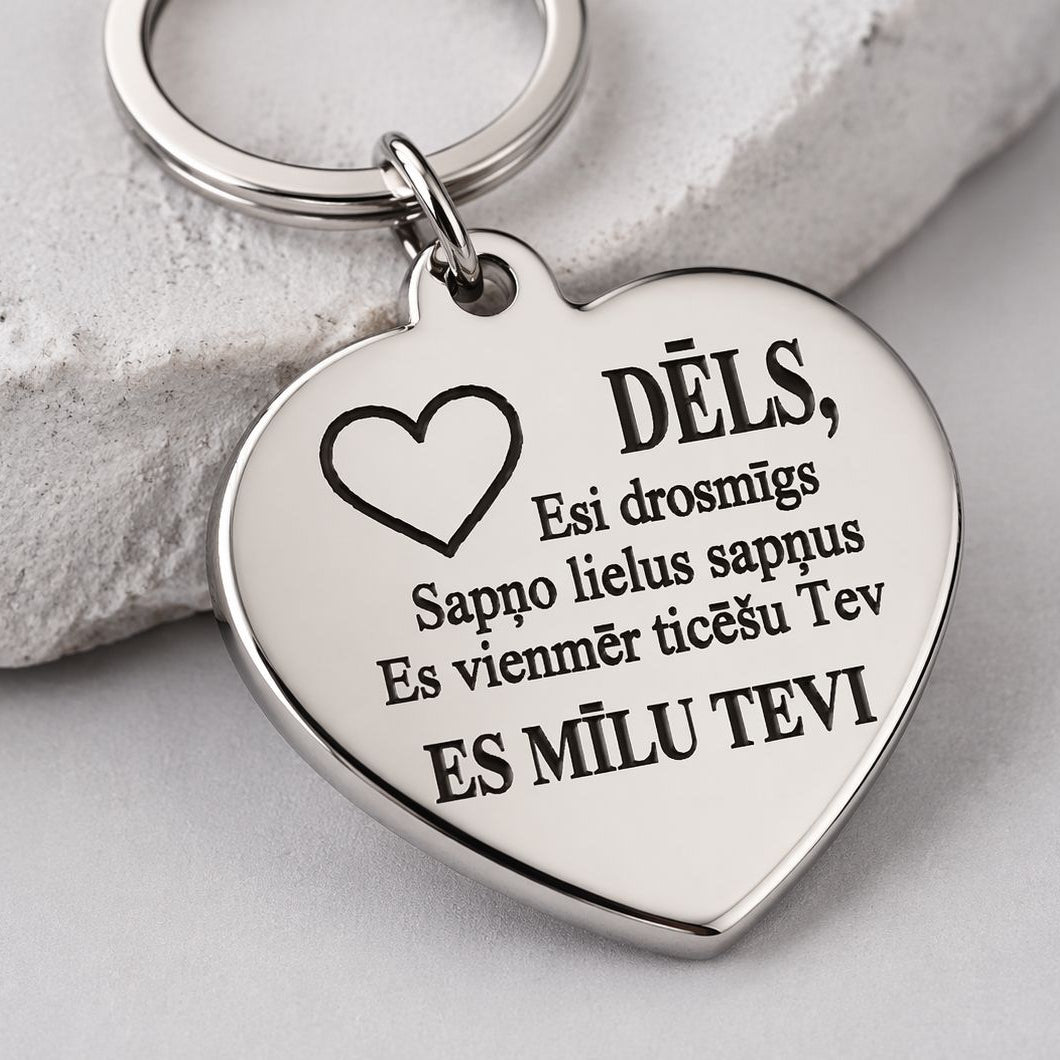 Sirds formas atslēgu piekariņš ar uzrakstu