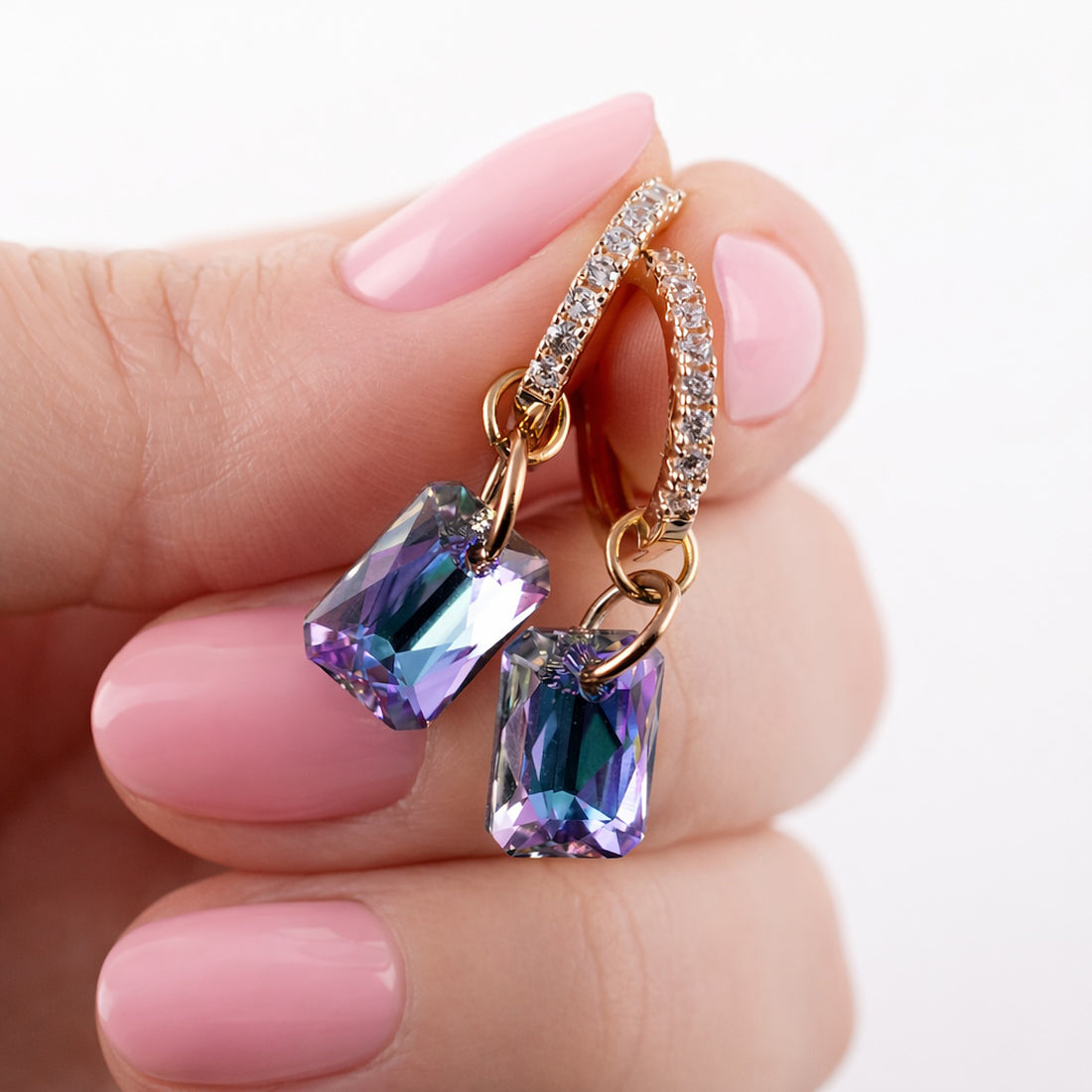 Antialerģiski Taisnstūra auskari transformeri divi vienā violeti